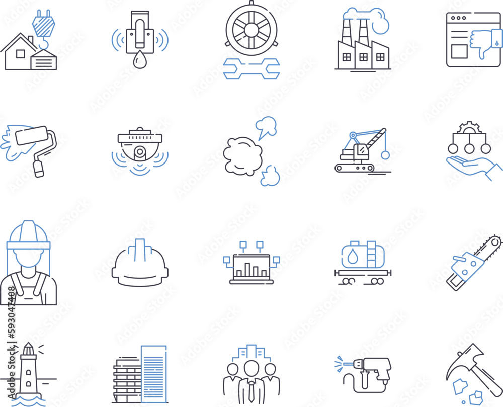 Builder production outline icons collection. Constructor, Fabricator, Manufacturer, Assembler, Producer, Carpentry, Craftsman vector and illustration concept set. Artisan, Joiner, Craftsmanship linear