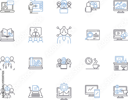 Working management outline icons collection. Workforce, Management, Organizing, Supervising, Directing, Planning, Coordinating vector and illustration concept set. Scheduling, Strategizing