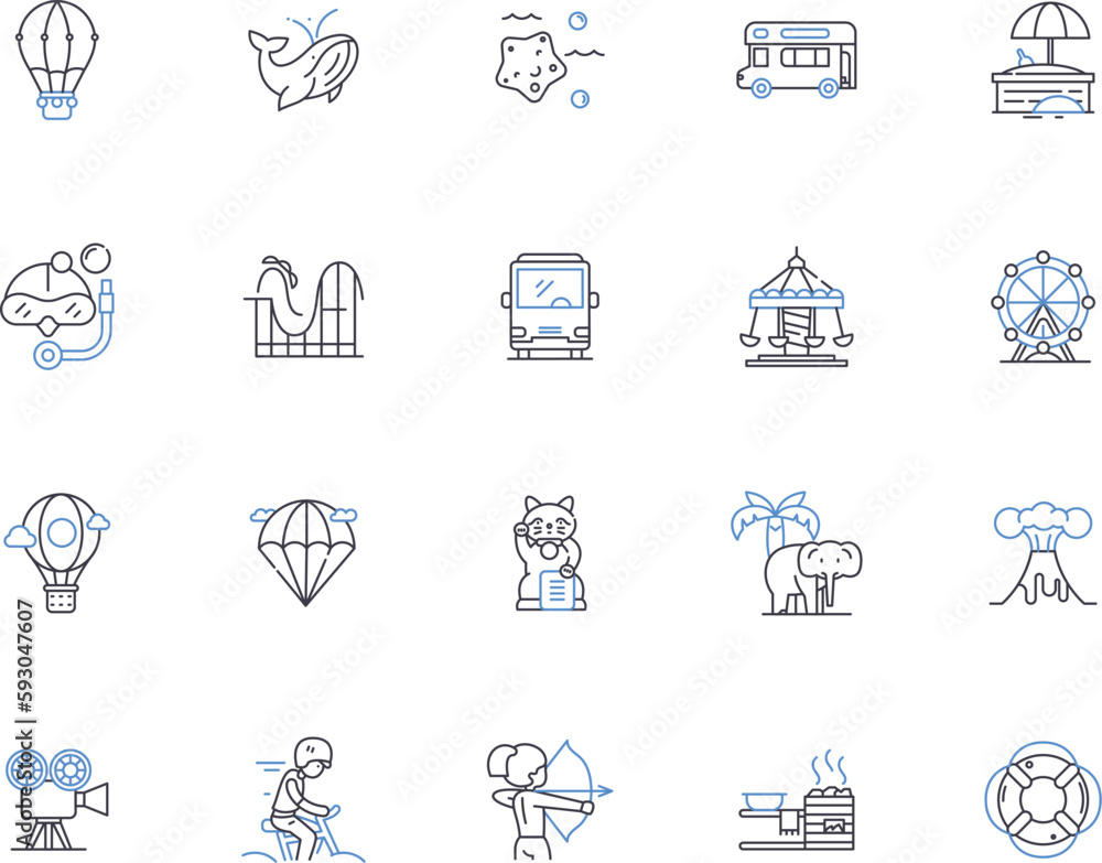 Outdoor leisure outline icons collection. Hiking, Camping, Climbing, Backpacking, Kayaking, Canoeing, Fishing vector and illustration concept set. Swimming, Skating, Surfing linear signs Outdoor leisure outline icons collection. Hiking, Camping, Climbing, Backpacking, Kayaking, Canoeing, Fishing vector and illustration concept set. Swimming, Skating, Surfing linear signs