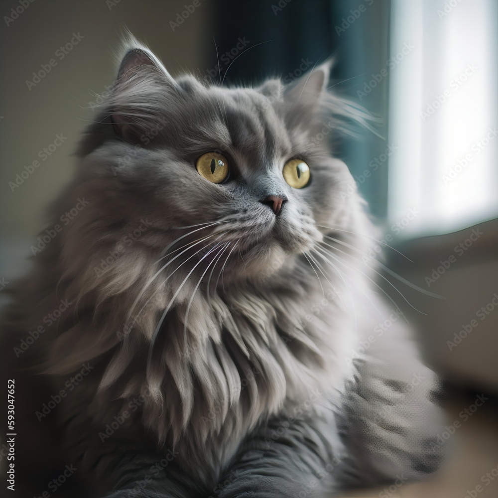 Grey domestic cat relaxing at home in the living room. Cat illustration