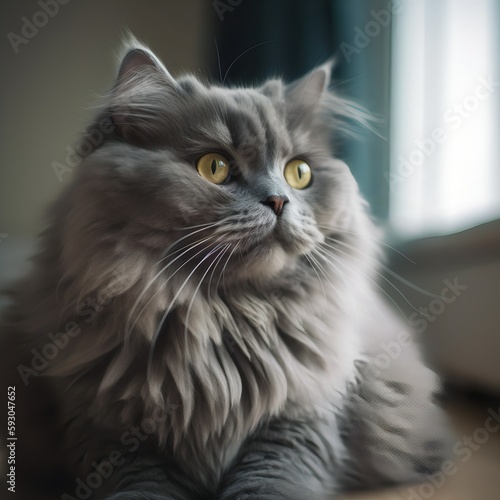 Grey domestic cat relaxing at home in the living room. Cat illustration © paranoic_fb