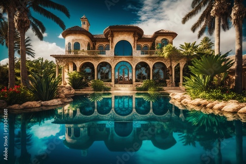 beautiful villa with large windows and a light blue pool in front, palm trees growing in the garden created with Generative AI technology © StockMedia