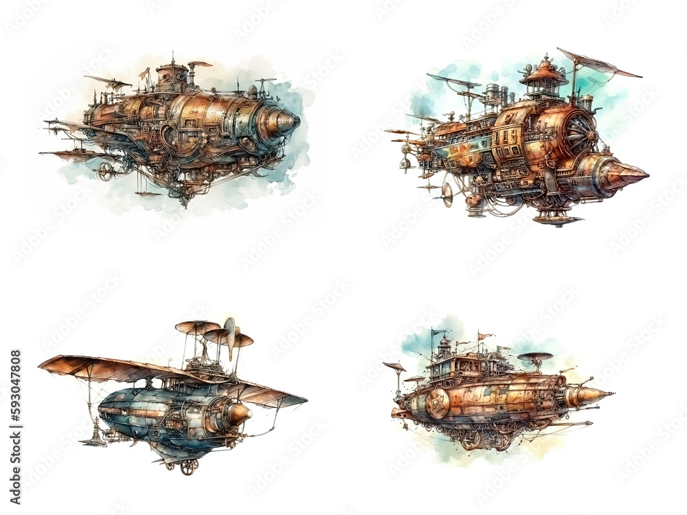 Collection of Steampunk flying machines in the sky. AI generated illustration in a watercolor style isolated on a white background Collection of Steampunk flying machines in the sky. AI generated illustration in a watercolor style isolated on a white background