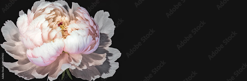 Pink peony flower card, pink lotus blossom, isolated on black. Generative AI.