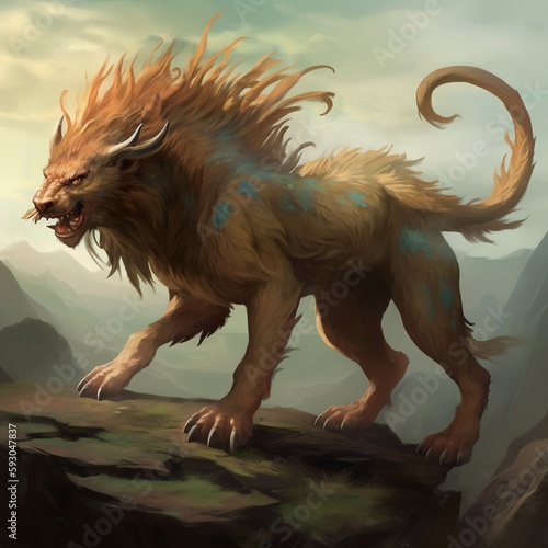 Mysterious chimera monster in the forest. Mythology character. Illustration