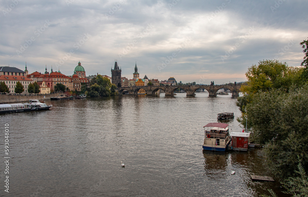 Evening on the Vltava River in the historical center of Prague