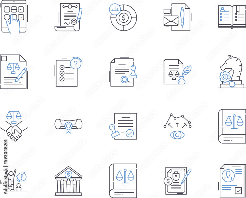 Legal services outline icons collection. Lawyer, Attorney, Barrister, Litigation, Court, Solicitors, Representation vector and illustration concept set. Advocacy, Prosecution, Pleadings linear signs Legal services outline icons collection. Lawyer, Attorney, Barrister, Litigation, Court, Solicitors, Representation vector and illustration concept set. Advocacy, Prosecution, Pleadings linear signs