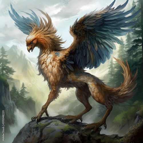 Mysterious gryphon monster in the forest. Mythology character. Illustration