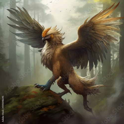 Mysterious gryphon monster in the forest. Mythology character. Illustration