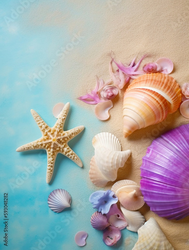 Seashell, starfish and beach sand, Summer holiday concept. Generative AI