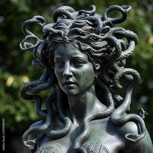 Mysterious medusa character in the forest. Stone head. Illustration photo