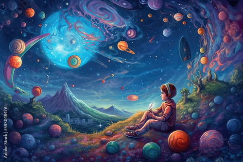 Cartoon kid space explorer. sketch art for artist creativity and inspiration. generative AI	
