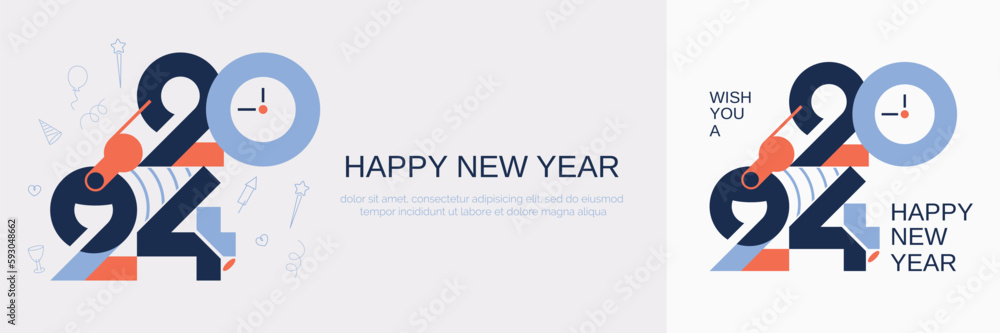 Happy new year 2024 celebration. 2024 new year logo with party concept on numbers. 2024 new year template for flyer,banner, poster and social media post template Happy new year 2024 celebration. 2024 new year logo with party concept on numbers. 2024 new year template for flyer,banner, poster and social media post template