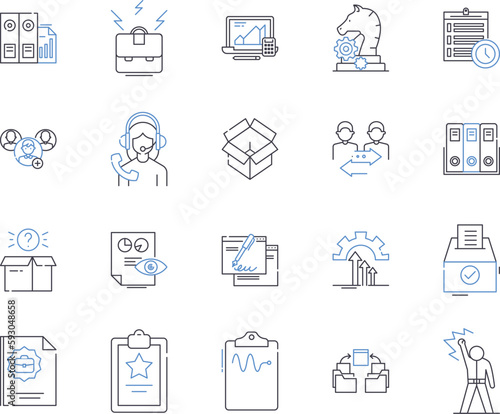 Document processing outline icons collection. Documentation, Processing, Editing, Scanning, Creating, Sharing, Formatting vector and illustration concept set. Organizing, Retrieving, Converting linear