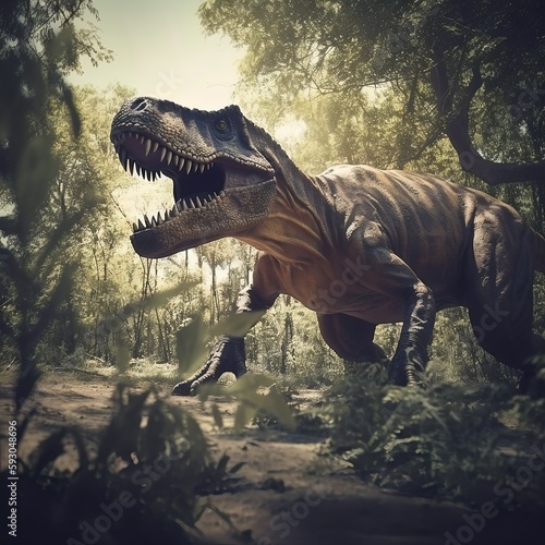 Ferocious t-rex monster in the woods. Dinosaur character. © paranoic_fb