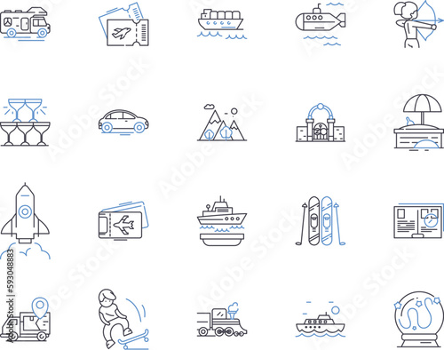 Travelingand vacation outline icons collection. Holiday, Touring, Escapade, Exploring, Excursion, Outing, Trekking vector and illustration concept set. Trip, Getaway, Voyage linear signs