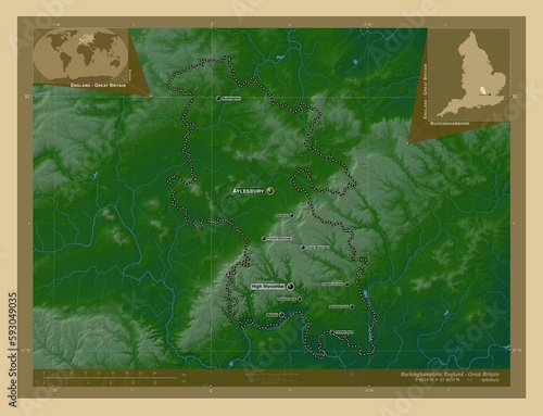 Buckinghamshire, England - Great Britain. Physical. Labelled points of cities photo