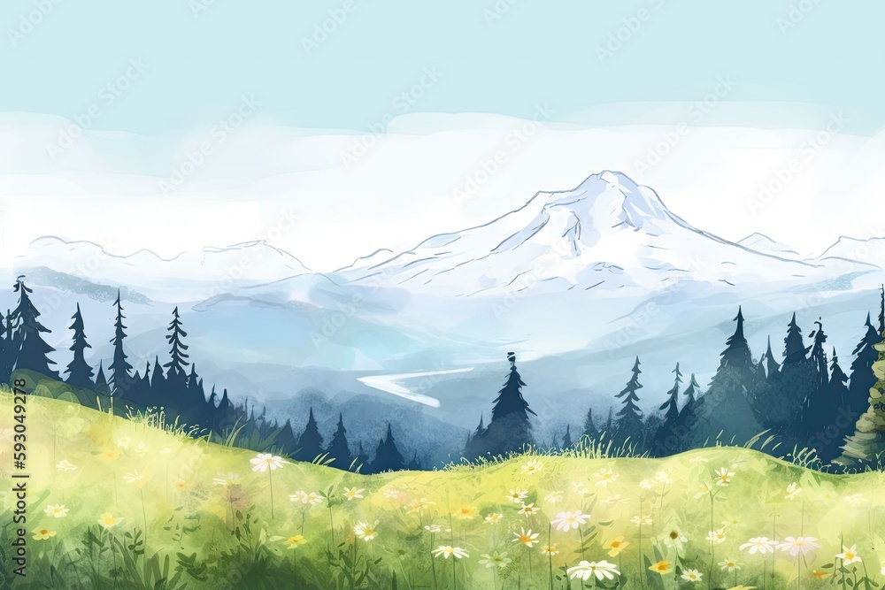 Illustration in watercolor of a landscape with distant, gray mountains in the distance and a meadow full with yellow and blue wildflowers in bloom. Generative AI Illustration in watercolor of a landscape with distant, gray mountains in the distance and a meadow full with yellow and blue wildflowers in bloom. Generative AI