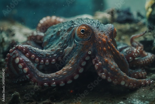 Closeup detail of a octopus under water. Sea life illustration.