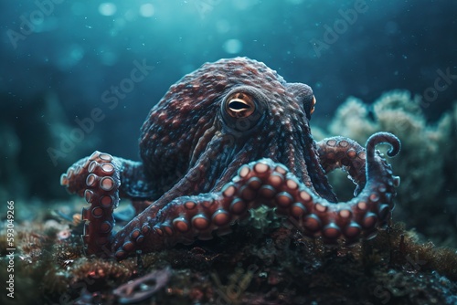 Closeup detail of a octopus under water. Sea life illustration.