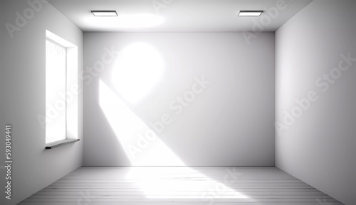 Interior of a room with a window. White walls and white floor. Rays of light. Copy space. Generative AI