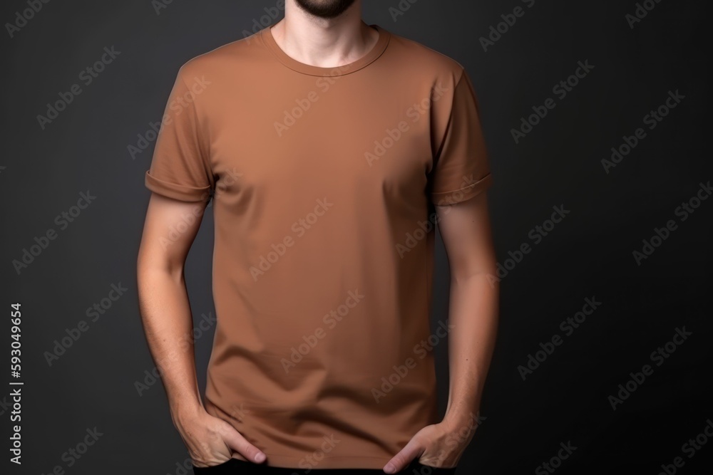 White man model wearing a plain brown short sleeved t-shirt, isolated on a blank background. Mock-up, torso only. Generative AI illustration. White man model wearing a plain brown short sleeved t-shirt, isolated on a blank background. Mock-up, torso only. Generative AI illustration.