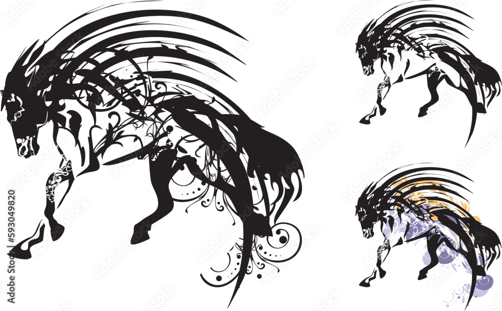 Obraz premium Horse symbols with floral elements and splashes isolated on white. Ornamental horse set for tattoos, business concepts, wallpapers, logos, fabrics, fashion, stikers, textiles, sport emblems, prints