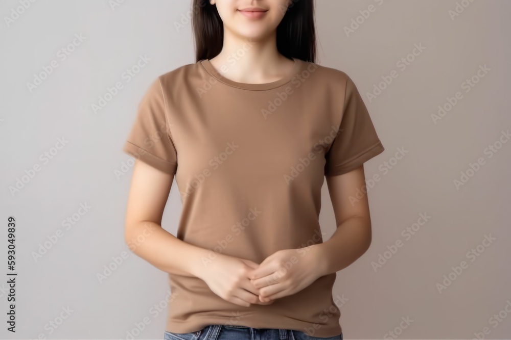 Obraz premium White woman model wearing a plain light brown short sleeved t-shirt, isolated on a blank background. Mock-up, torso only. Generative AI illustration.