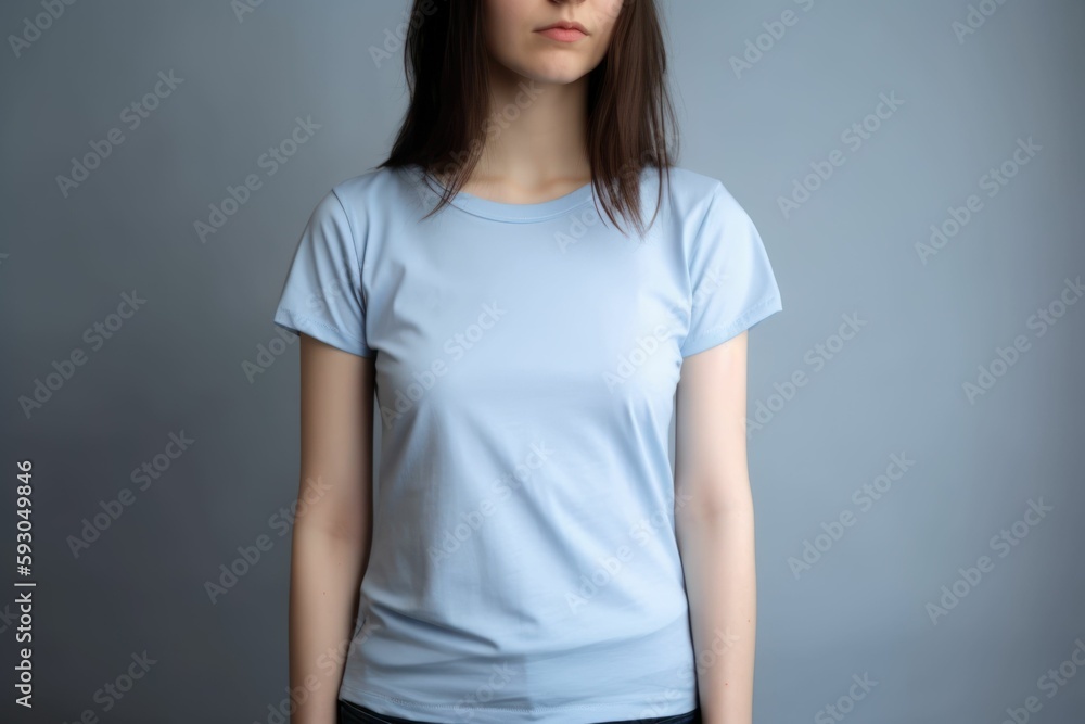 White woman model wearing a plain light blue short sleeved t-shirt, isolated on a blank background. Mock-up, torso only. Generative AI illustration. White woman model wearing a plain light blue short sleeved t-shirt, isolated on a blank background. Mock-up, torso only. Generative AI illustration.
