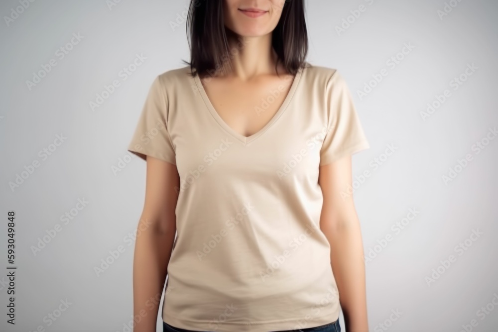 White woman model wearing a plain creme short sleeved t-shirt, isolated on a blank background. Mock-up, torso only. Generative AI illustration. White woman model wearing a plain creme short sleeved t-shirt, isolated on a blank background. Mock-up, torso only. Generative AI illustration.