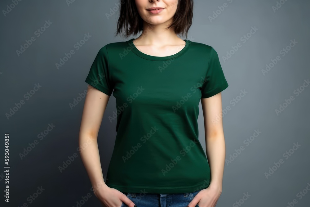 White woman model wearing a plain green short sleeved t-shirt, isolated on a blank background. Mock-up, torso only. Generative AI illustration. White woman model wearing a plain green short sleeved t-shirt, isolated on a blank background. Mock-up, torso only. Generative AI illustration.