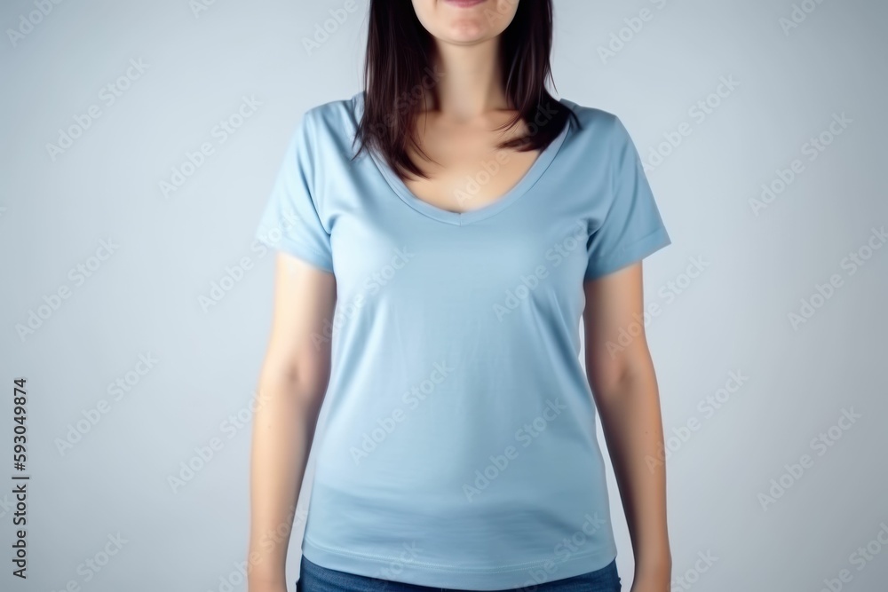 White woman model wearing a plain light blue short sleeved t-shirt, isolated on a blank background. Mock-up, torso only. Generative AI illustration. White woman model wearing a plain light blue short sleeved t-shirt, isolated on a blank background. Mock-up, torso only. Generative AI illustration.