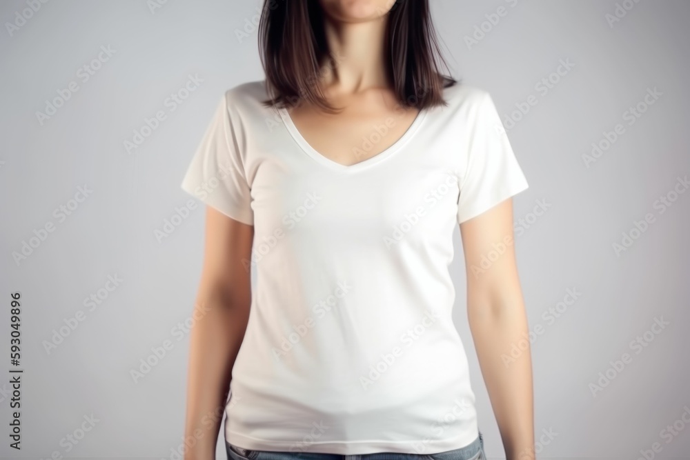 White woman model wearing a plain white short sleeved t-shirt, isolated on a blank background. Mock-up, torso only. Generative AI illustration. White woman model wearing a plain white short sleeved t-shirt, isolated on a blank background. Mock-up, torso only. Generative AI illustration.