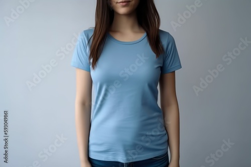 White woman model wearing a plain blue short sleeved t-shirt, isolated on a blank background. Mock-up, torso only. Generative AI illustration.