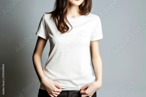 White woman model wearing a plain white short sleeved t-shirt, isolated on a blank background. Mock-up, torso only. Generative AI illustration.