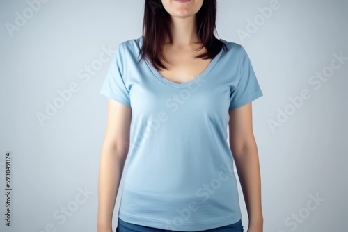White woman model wearing a plain light blue short sleeved t-shirt, isolated on a blank background. Mock-up, torso only. Generative AI illustration.