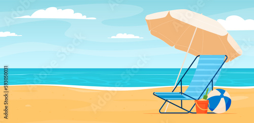 Fototapeta Naklejka Na Ścianę i Meble -  Beach deck chair with umbrella. Summer vacation on a sandy beach. Happy hot vacation. Vector illustration