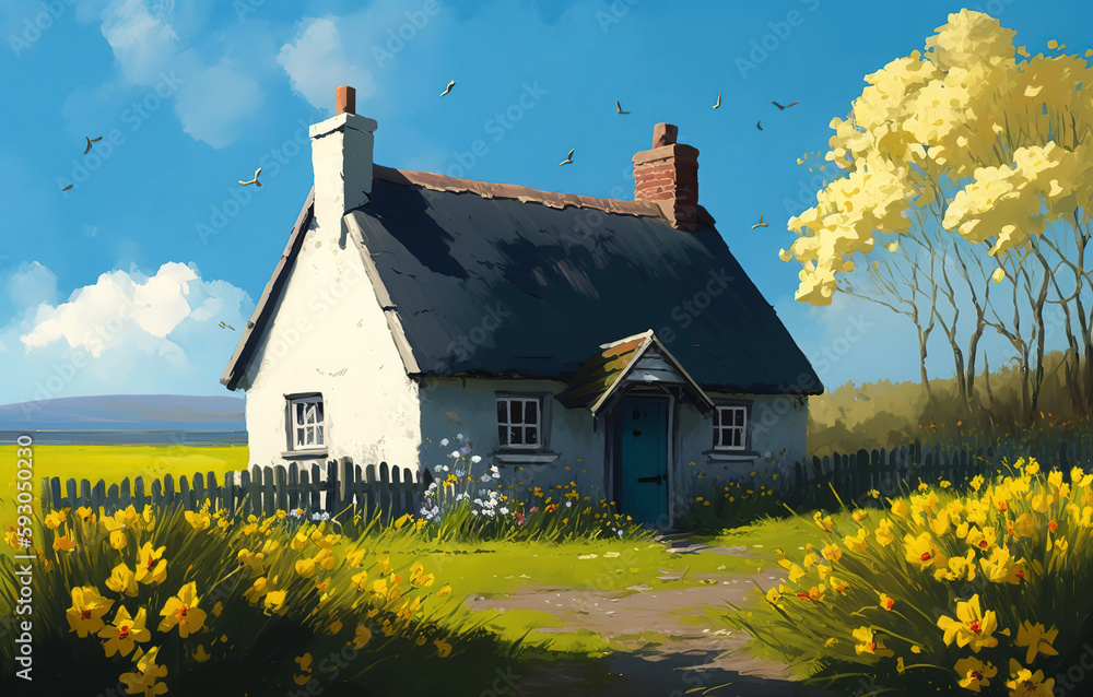 A small cottage surrounded by blooming daffodils and a clear blue sky above 
