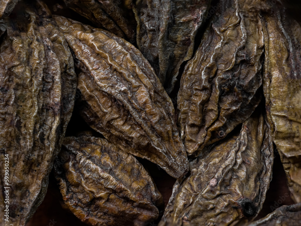 Organic dry Harad (Terminalia chebula) isolated on white background. Macro close up. Top view.