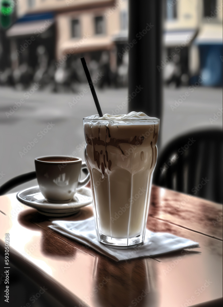 Cold coffe latte with milk in glass on city cafe table Cold coffe latte with milk in glass on city cafe table