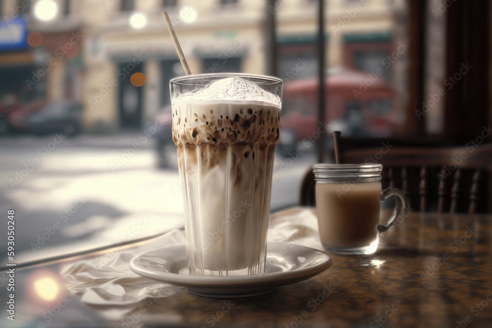 Cold coffe latte with milk in glass on city cafe table Cold coffe latte with milk in glass on city cafe table