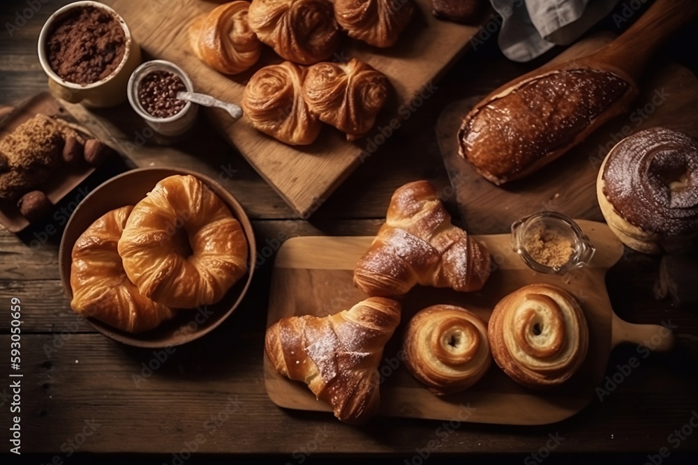 Danish pastries on a wooden countertop in a country home. Top View Danish pastries on a wooden countertop in a country home. Top View