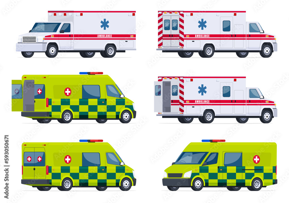 Ambulances. Specially equipped vans for providing assistance to the sick. Vector illustration
