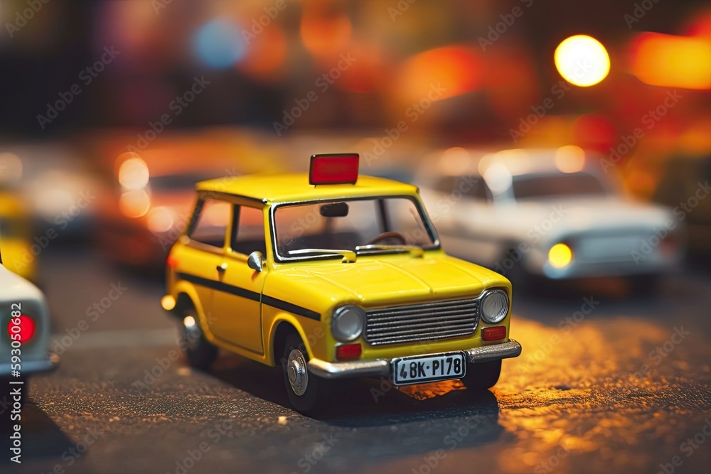 Selective focus of an ancient miniature taxi car taken from a low angle. Generative AI