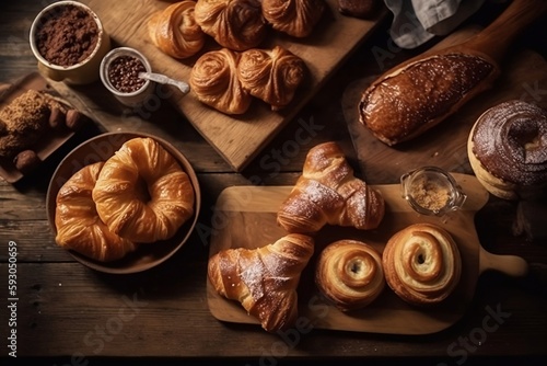 Danish pastries on a wooden countertop in a country home. Top View