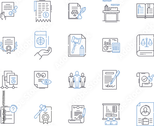 Legal management outline icons collection. Law, Management, Litigation, Compliance, Risk, Dispute, Regulations vector and illustration concept set. Solicitors, Hearings, Contracts linear signs