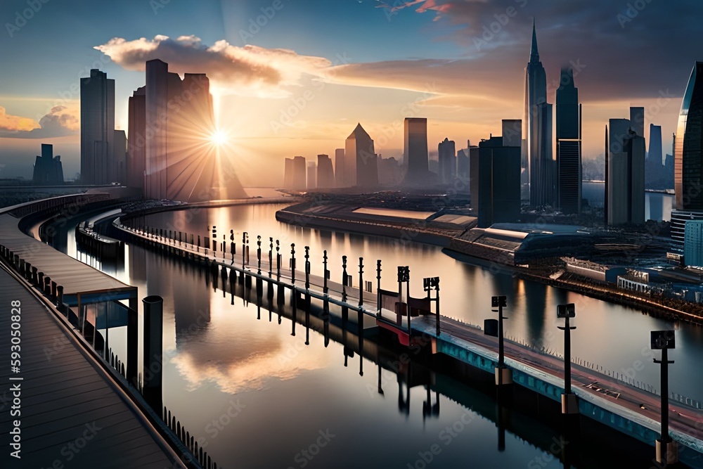 Fototapeta premium Eine Großstadt in der Zukunft mit Skyline