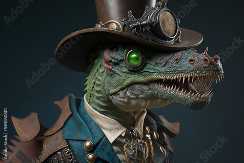 A dinosaur is dressed in a steampunk outfit in the front. AI