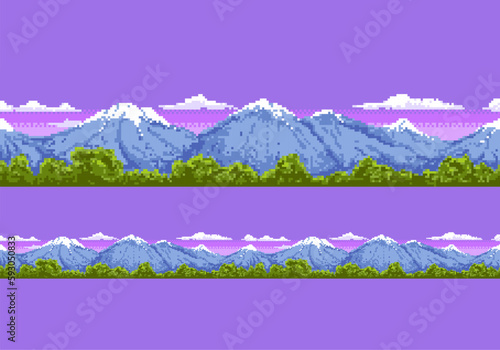 Mountine pixel landscape. The seamless scene with nature and mountains.