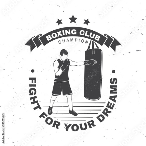Boxing club badge, logo design. Vector illustration. For Boxing sport club emblem, sign, patch, shirt, template. Vintage monochrome label, sticker with Boxer Silhouette.